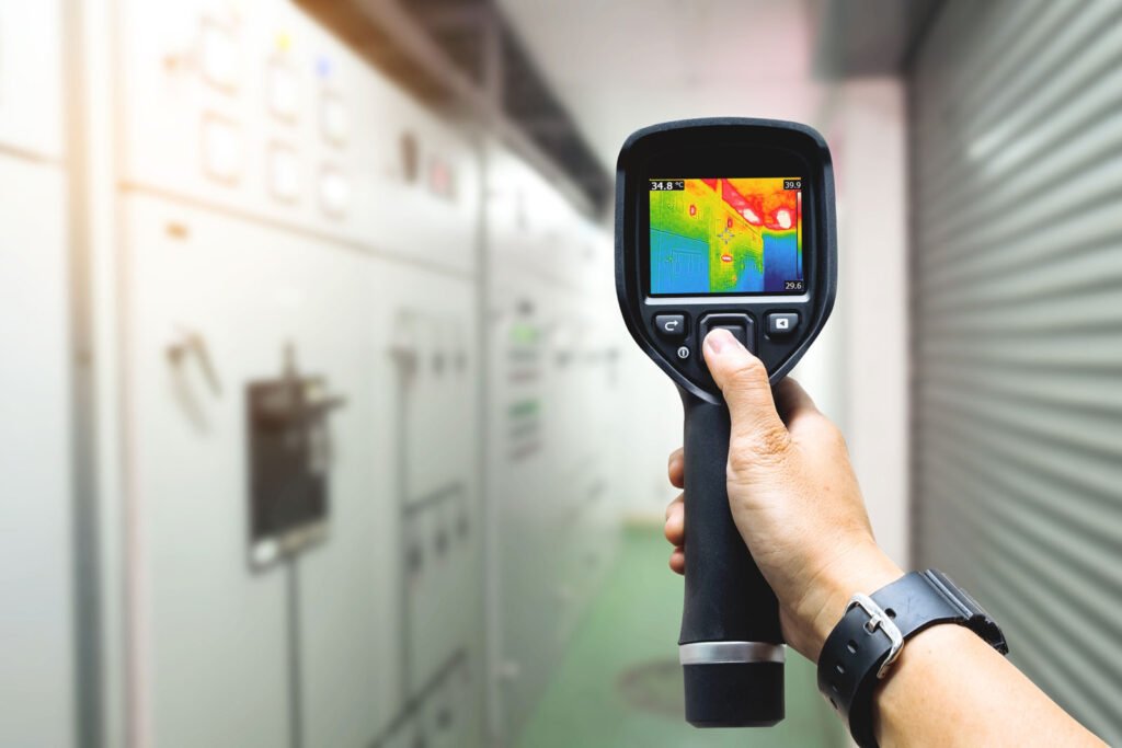 Handheld thermal imaging camera inspecting industrial electrical panels in Toronto