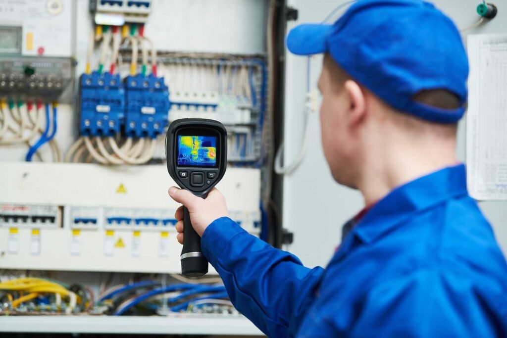 Certified Infrared Thermographer performing infrared inspection on electrical control panel