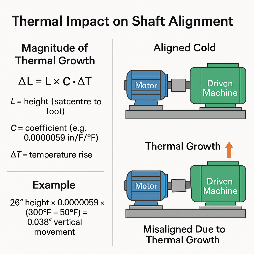 Diagram showing how thermal growth affects shaft alignment in motors and driven machines via formula and example calculations