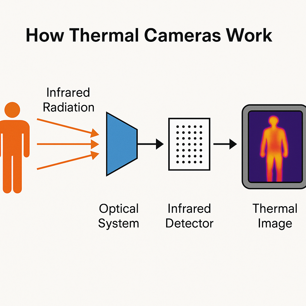 Diagram showing how thermal imaging cameras detect infrared radiation to create thermographic images