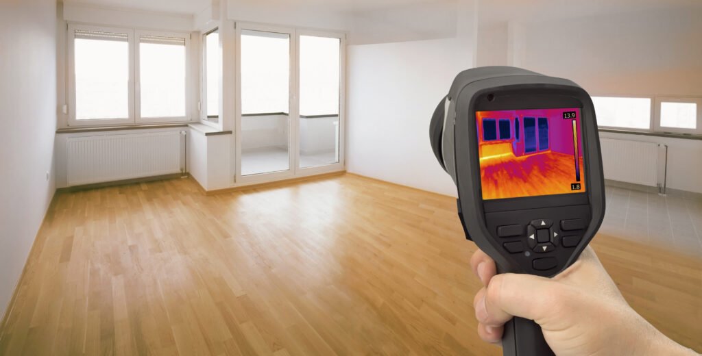 Infrared thermography showing heat loss from windows and floor in a building